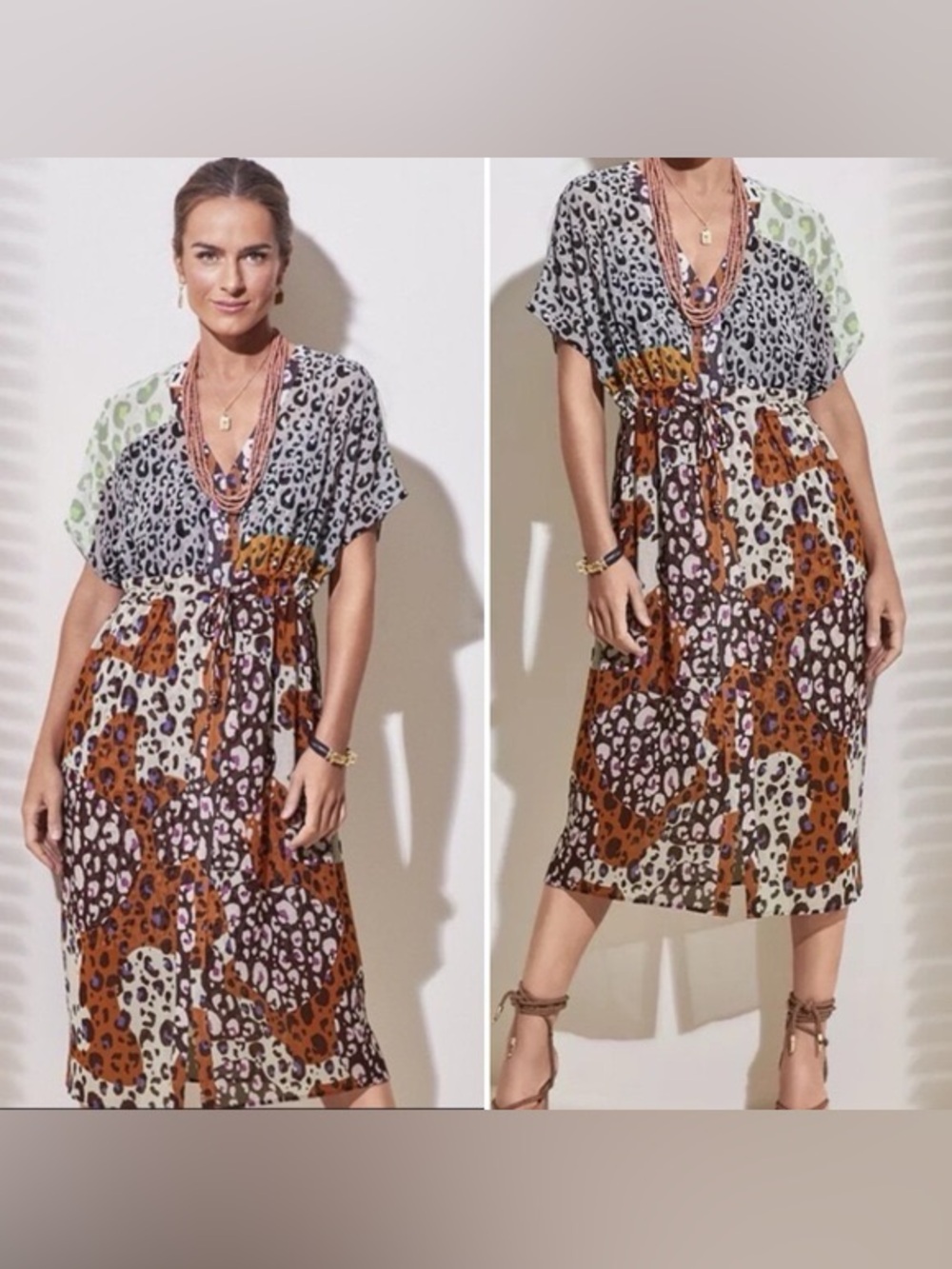 CAbi Mixed Animal Print Midi Dress in Brown, Black, Cream, Green